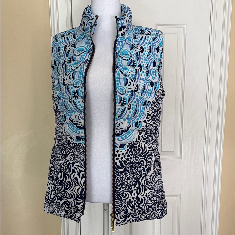 Lilly Pulitzer Noella Puffer Vest High Tide Navy Purrfect Set Quilted 80% Down L - Picture 3 of 11